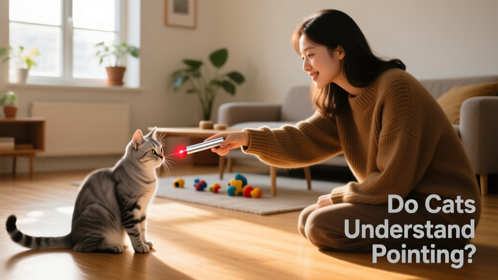 A person using a laser pointer to gently guide a cat toward a toy, with both appearing relaxed and engaged