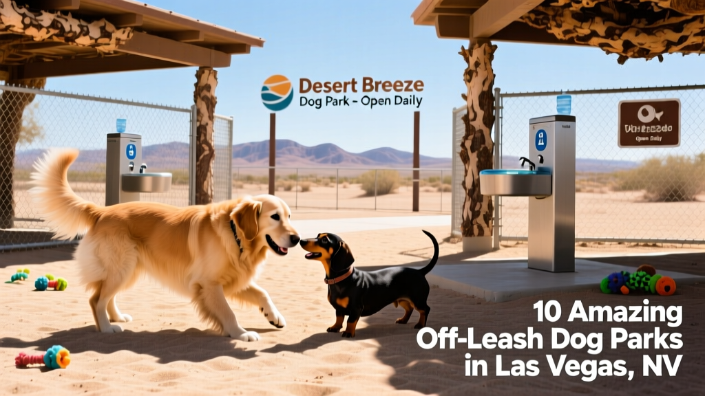 Two dogs playing side-by-side in separate fenced zones at Desert Breeze Dog Park, with shade structures and water stations visible