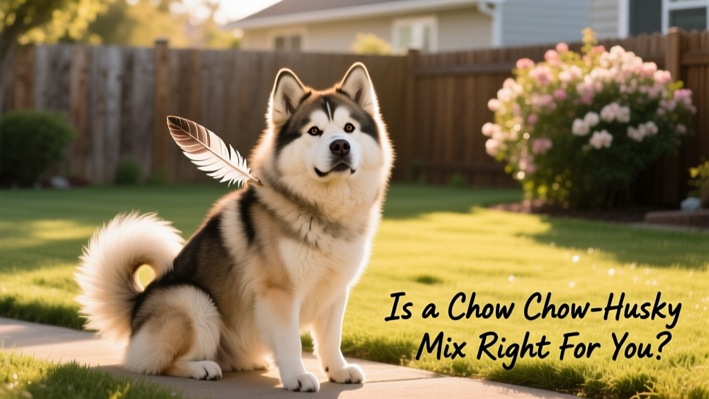 A friendly, fluffy Chusky sitting outdoors with alert expression and plumed tail curled over its back