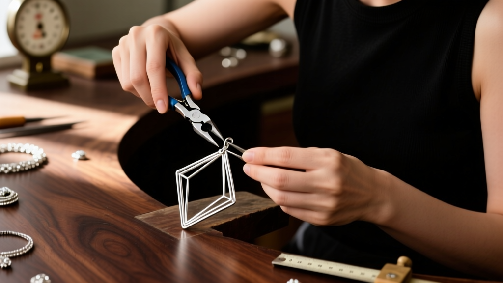 Jeweler using nylon pliers to bend 16-gauge sterling silver wire into a geometric pendant frame on a dark wooden workbench