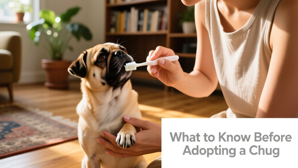A Chug receiving gentle dental care from their owner, with a soft toothbrush and calm expression