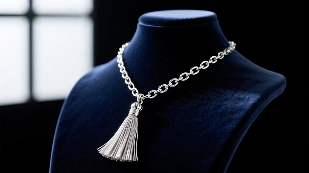 Close-up of a 925 sterling silver tassel necklace on a dark velvet bust, highlighting the metallic fringe and polished chain links