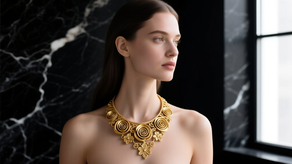 Wide shot of a woman wearing an intricate gold Athens Protasis necklace with rosette motifs against a dark marble background