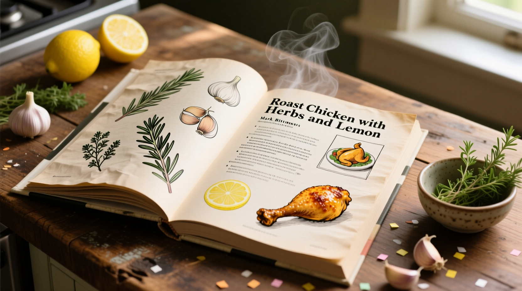 Mark Bittman cookbook open to roasted chicken recipe with ingredients