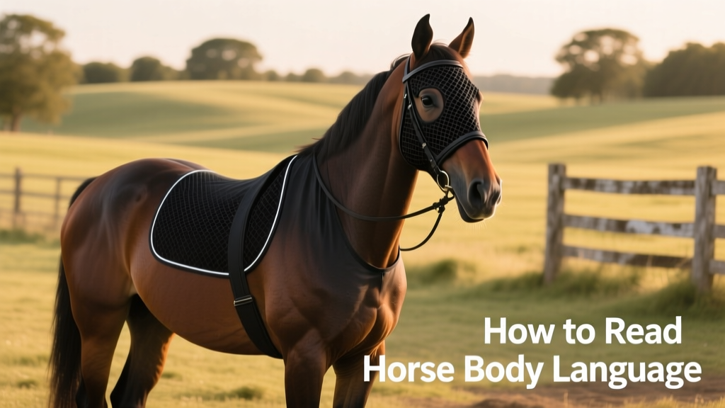 Horse wearing a black mesh fly mask and lightweight fly sheet in a sunny paddock