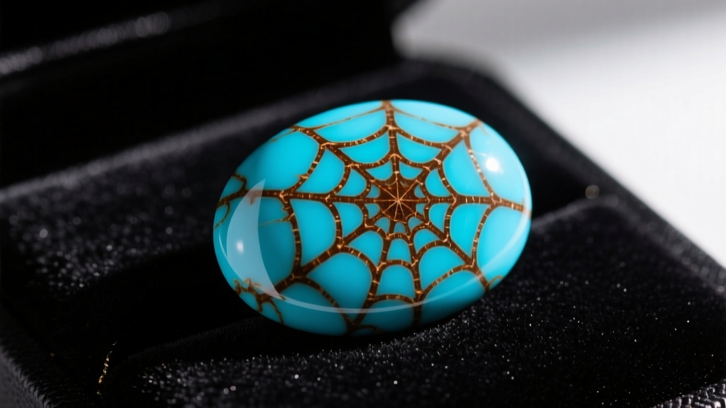 Macro shot of a Kingman turquoise cabochon showing brown spiderweb matrix patterns on a dark velvet jewelry display backdrop