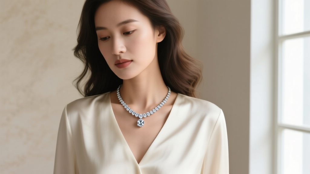 Woman in v-neck silk blouse wearing 18-inch diamond pendant resting on collarbone, soft natural daylight portrait shot