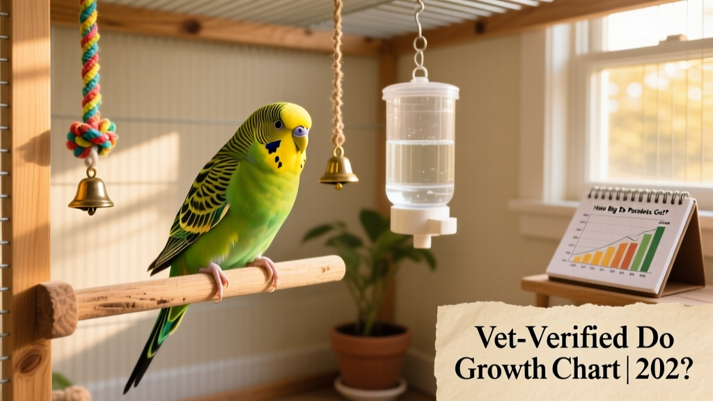 A healthy adult parakeet perched on a wooden perch inside a spacious cage with toys and fresh water