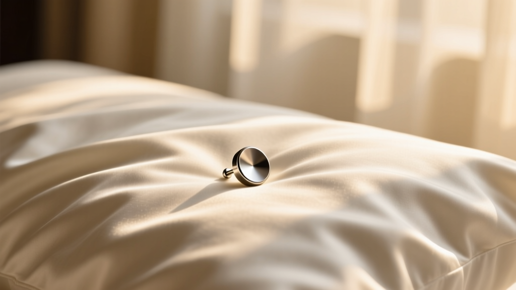 Macro shot of an 18-gauge titanium flat-back sleep stud resting on a wrinkled silk pillowcase in soft, warm morning bedroom light.