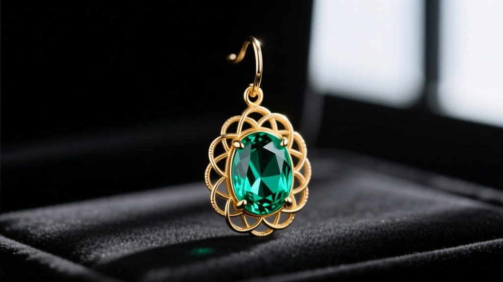 Close-up of a teal peridot cabochon drop earring with intricate gold filigree halo, resting on black velvet, studio lighting