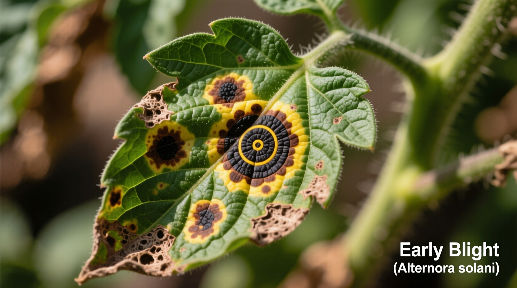 Tomato leaves showing early blight symptoms with target spots