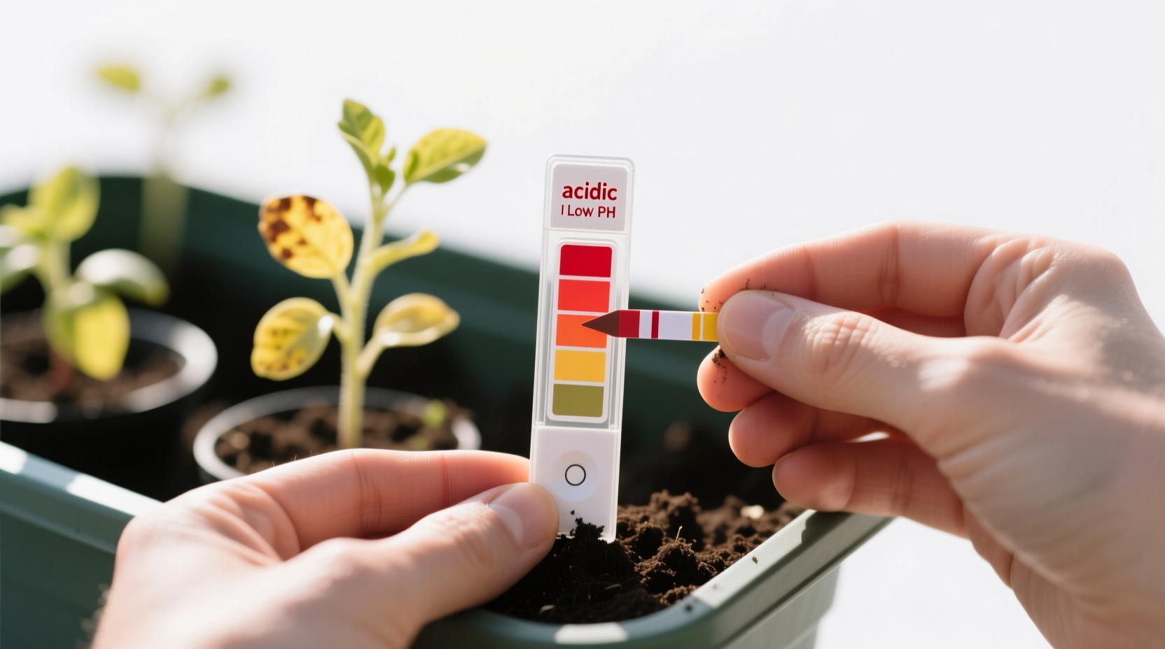 Soil pH test kit showing acidic reading during spring planting season when micronutrients become unavailable in container gardens