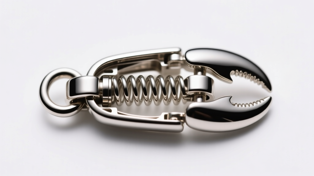 Macro photography of a disassembled jewelry lobster clasp revealing the internal stainless steel spring under bright studio light.