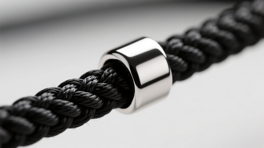 Macro shot of black waxed cotton cord passing through a silver bail, showing tight braided weave and slight waxy surface residue.