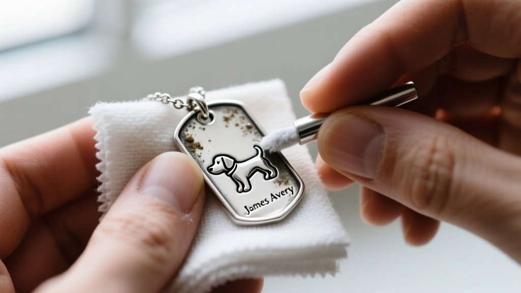 Hands polishing a tarnished sterling silver James Avery dog tag necklace with a microfiber cloth and specialized silver polish