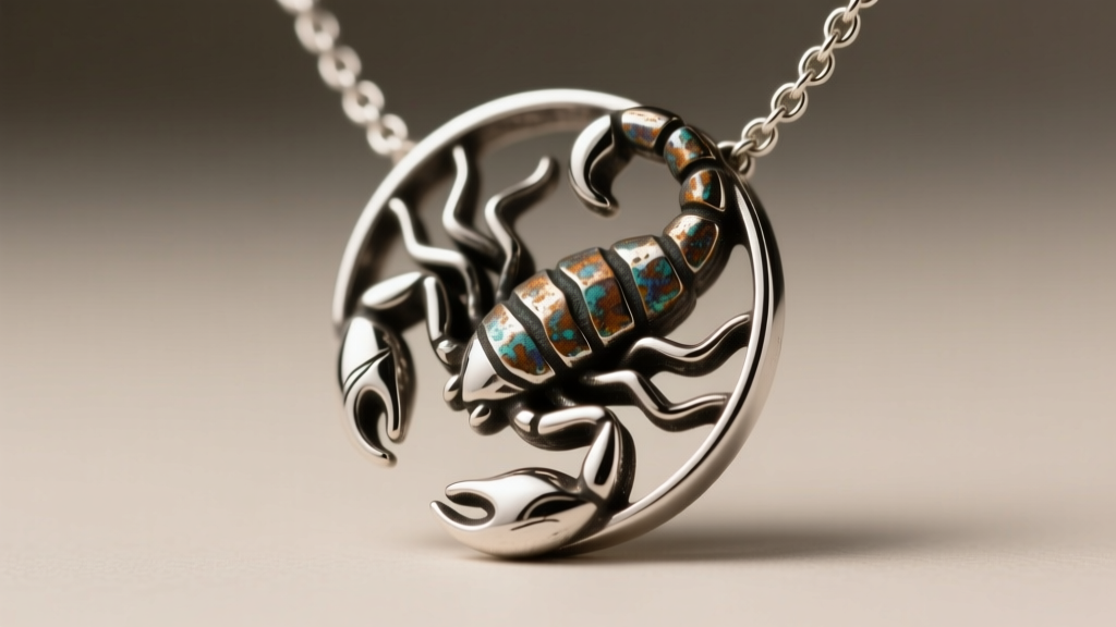 Macro view of an oxidized sterling silver Scorpio zodiac sign necklace highlighting darkened crevices and polished silver edges.