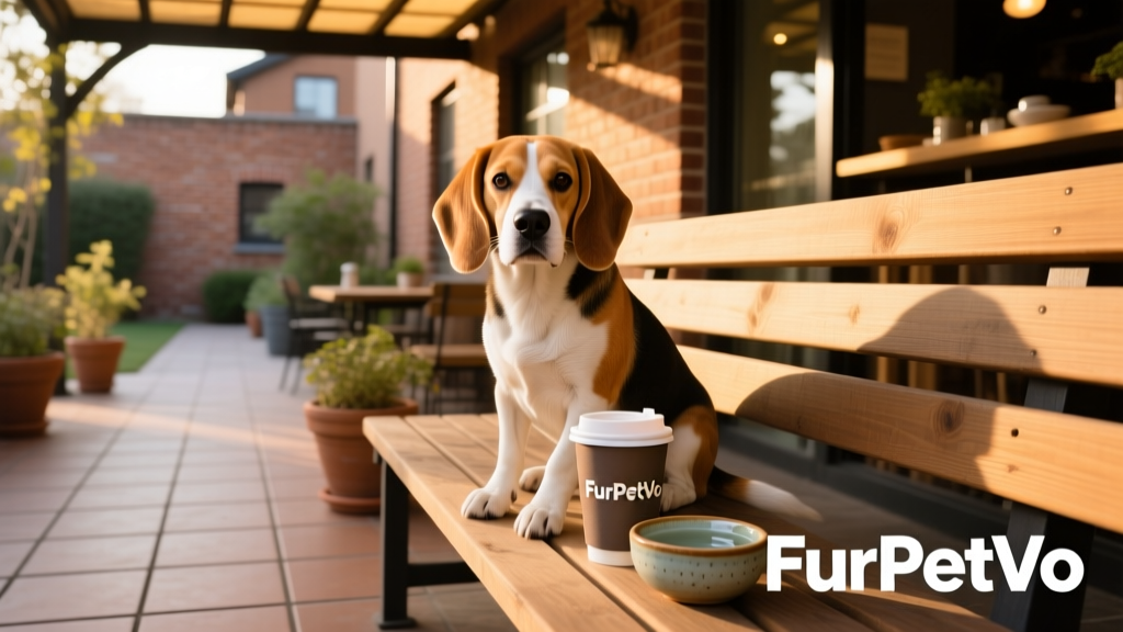 A relaxed beagle sitting on a weather-resistant outdoor bench beside a FurPetVo branded reusable coffee cup and a small bowl of water