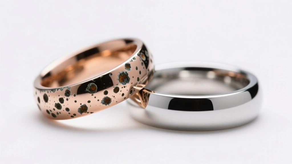 Macro view comparing a pitted zinc alloy ring and a smooth 316L stainless steel ring under bright studio lighting to show texture.