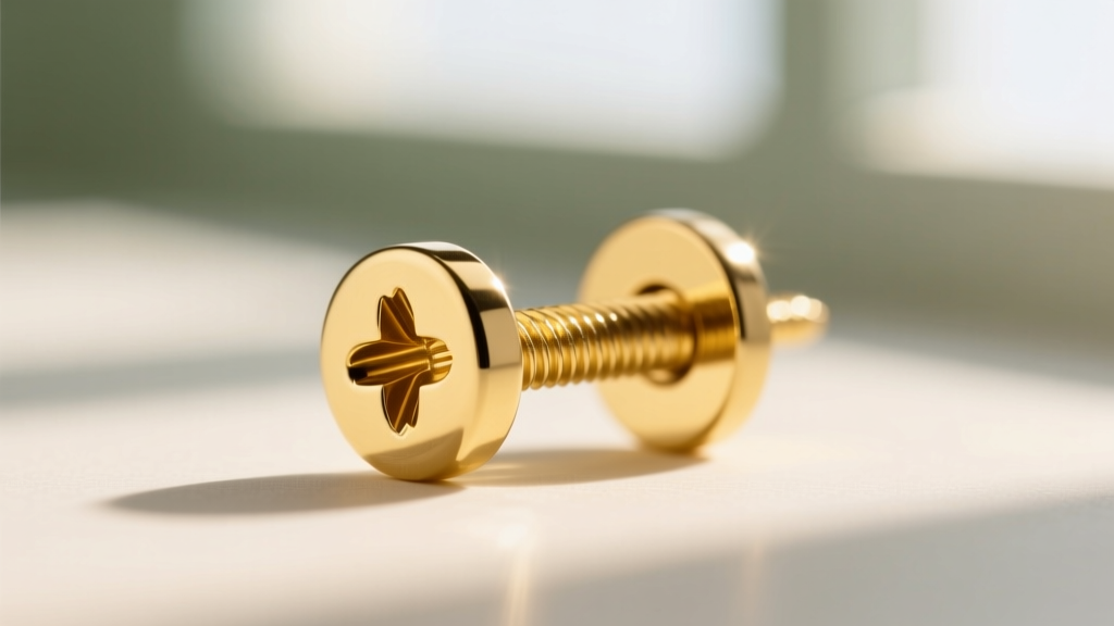 Macro shot of 14k yellow gold earring post showing precision threading of a secure screw back against a softly blurred background