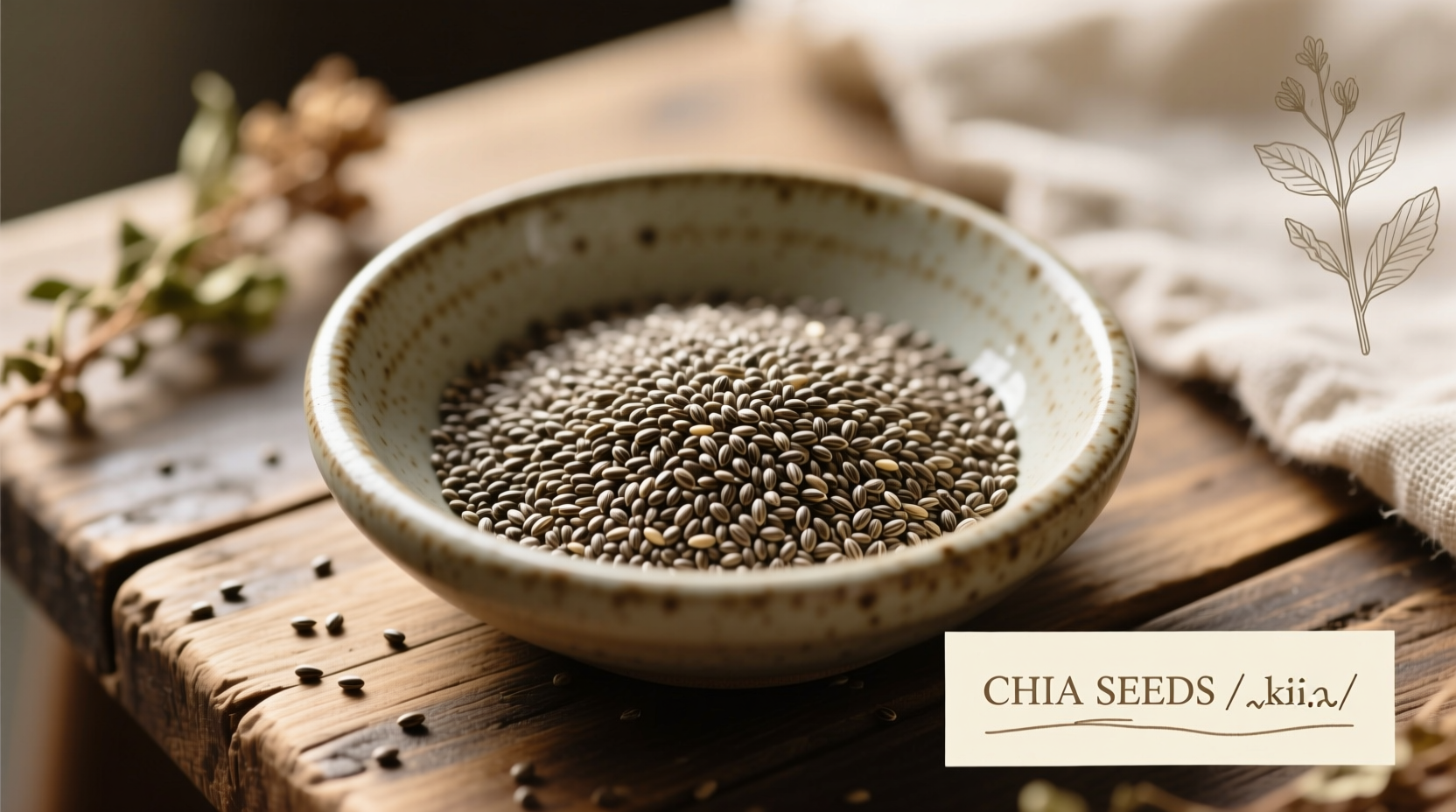 Chia seeds in bowl with phonetic pronunciation guide