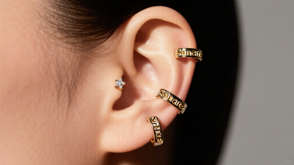 Profile view of a curated ear with three Sanare earrings in the helix, flat, and lobe, lit by warm, directional studio lighting.