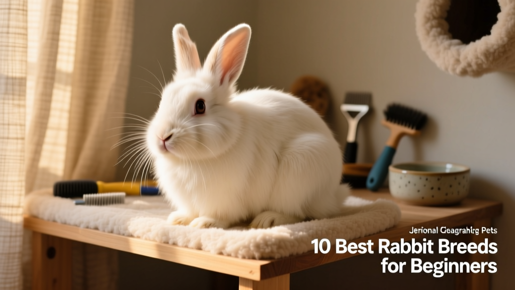 A fluffy Jersey Wooly rabbit with expressive eyes and long, silky wool, perched gently on a fleece-lined shelf