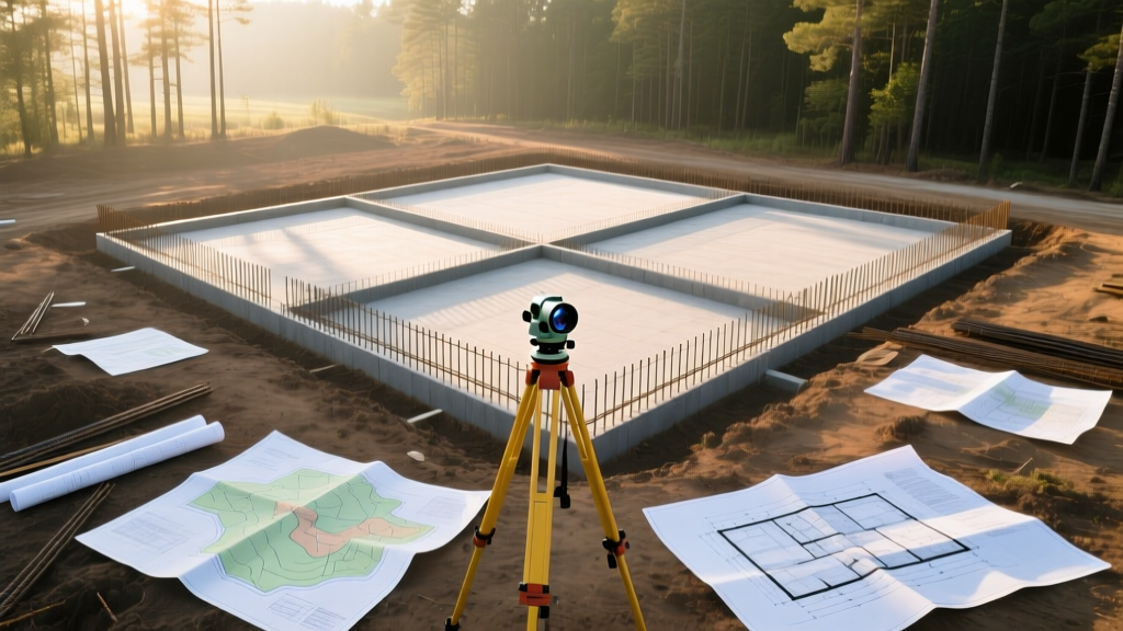 Aerial view of cleared wooded lot with foundation formwork, surveyor tripod, topographical maps, and architectural blueprints.