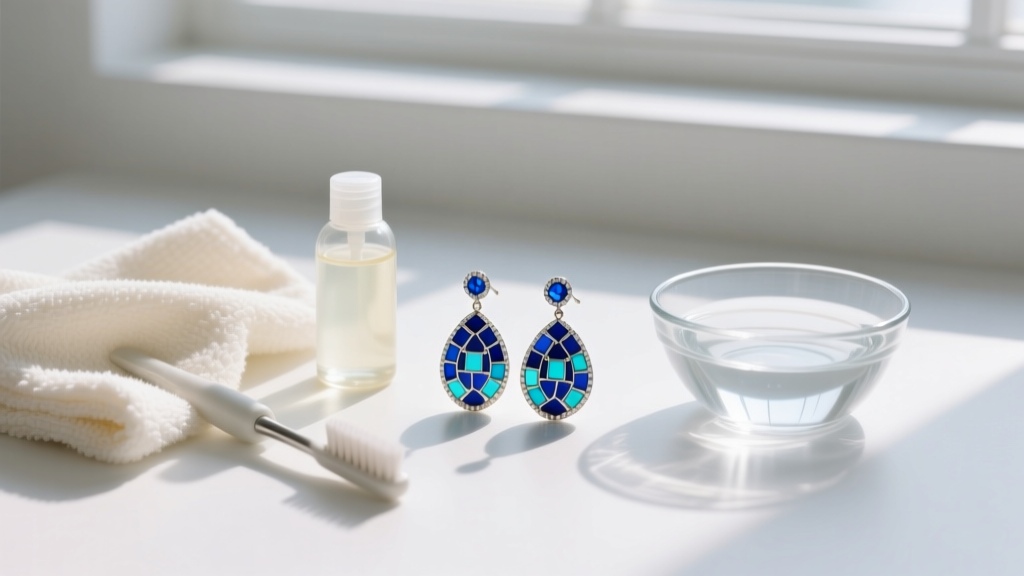 Flat lay of cleaning tools including microfiber cloth, mild soap, and water bowl next to delicate blue mosaic drop earrings