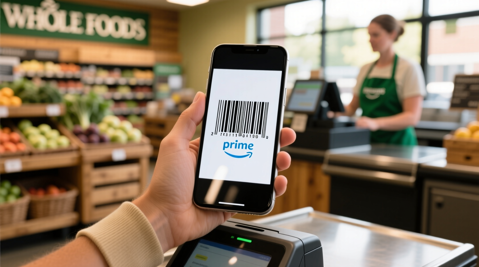 Amazon Prime barcode shown on smartphone at Whole Foods checkout