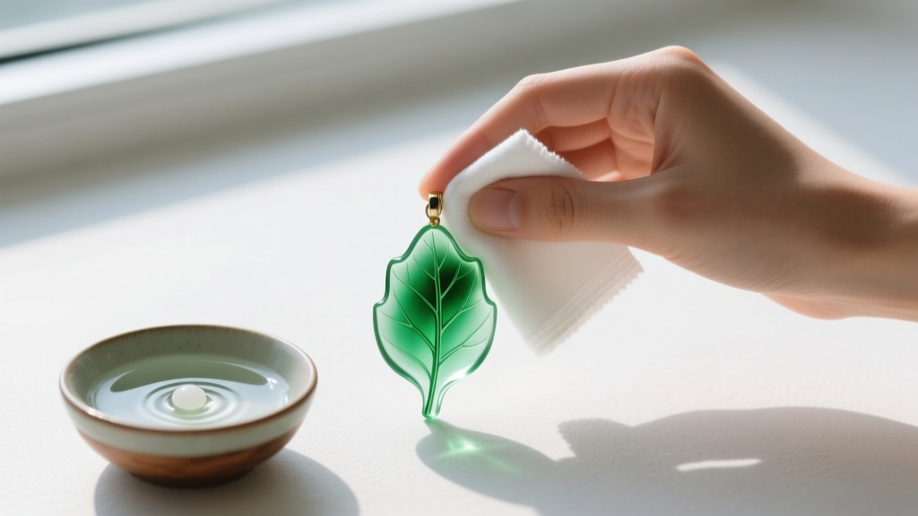 Hands gently wiping a botanical resin pendant with a damp microfiber cloth, next to a small bowl of distilled water and mild soap