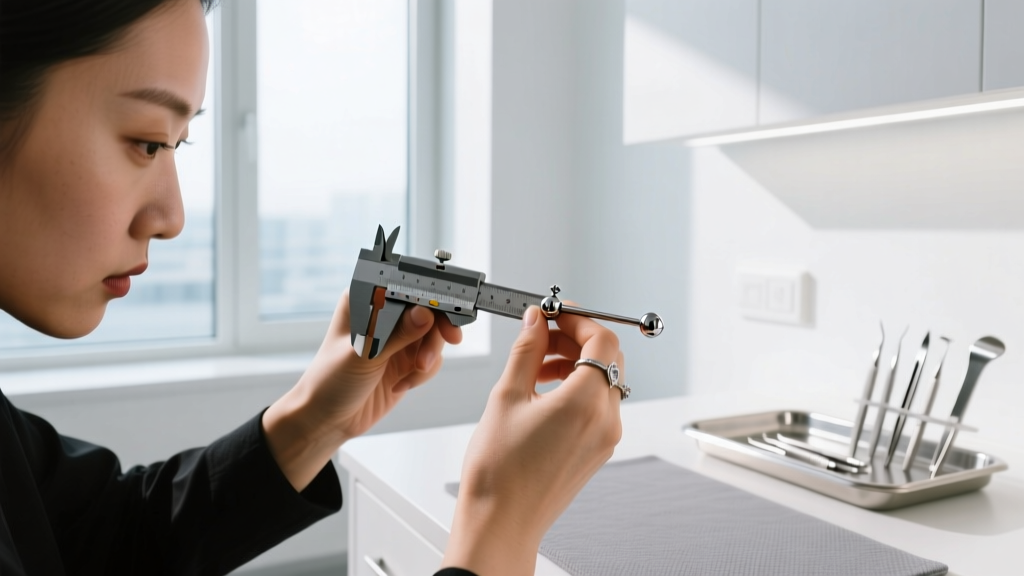 Piercer using calipers to measure a threadless anti tragus barbell post length in a bright modern clinical piercing studio setting