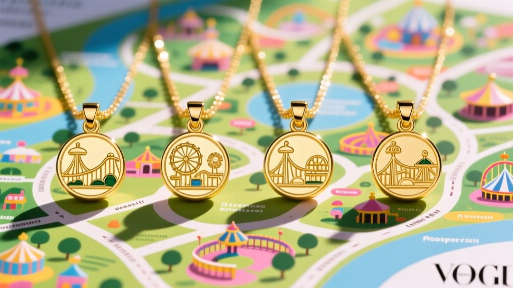 Flat lay of four matching 14k gold-filled park-themed pendants on a colorful theme park map under bright sunny outdoor lighting.