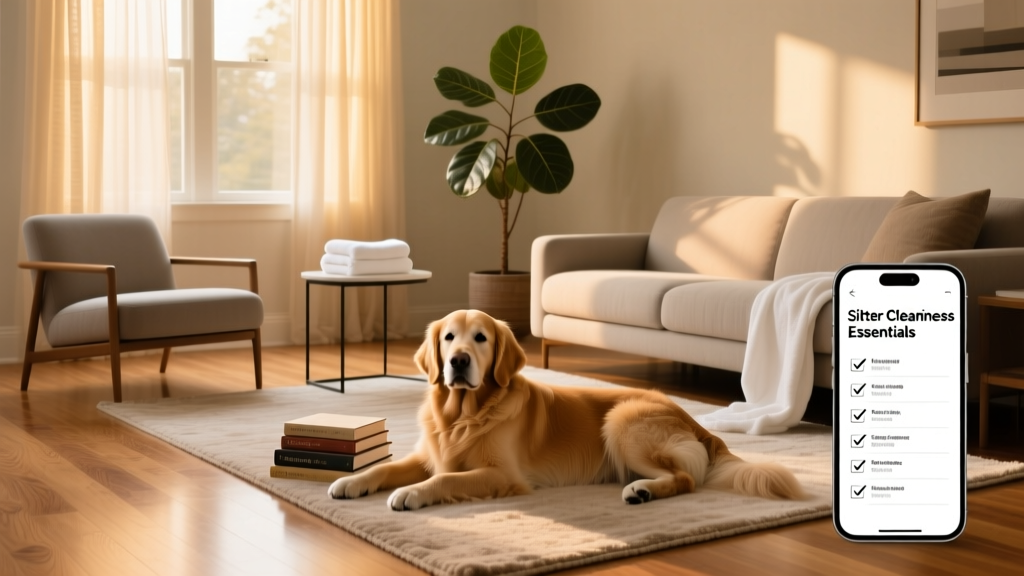 A tidy living room with neatly arranged furniture, vacuumed floors, and fresh towels folded on a side table