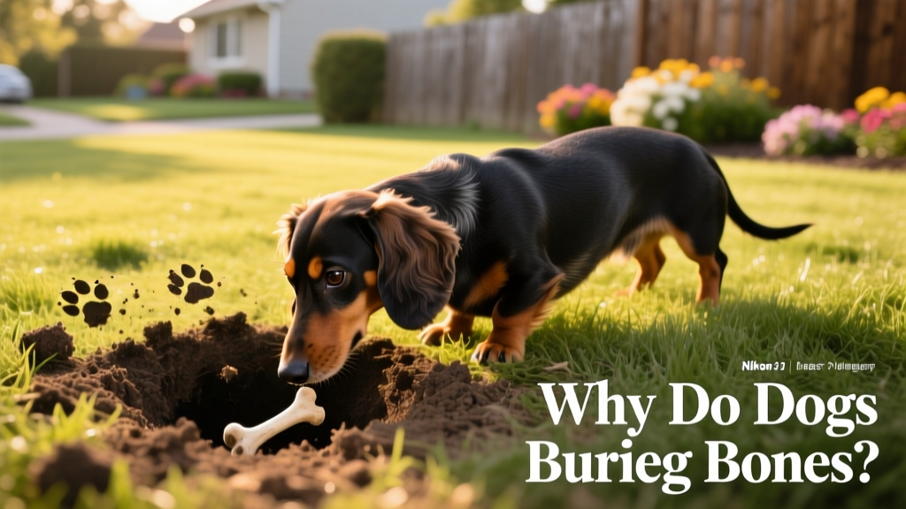 A dachshund sniffing near a freshly dug hole in a grassy yard