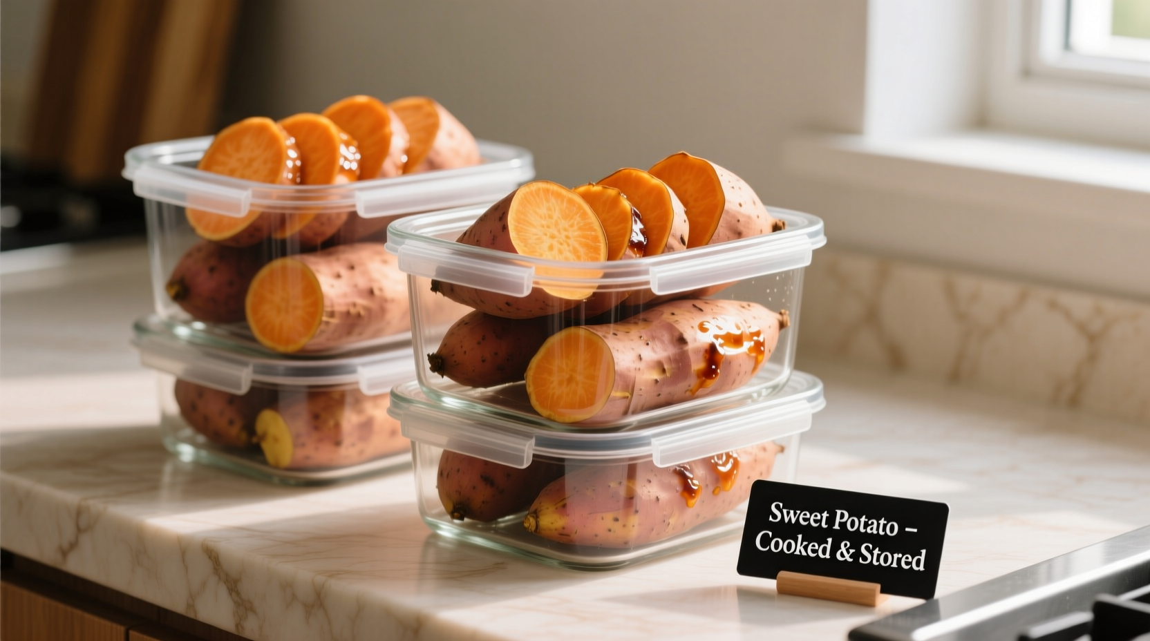 Properly stored cooked sweet potatoes in airtight containers