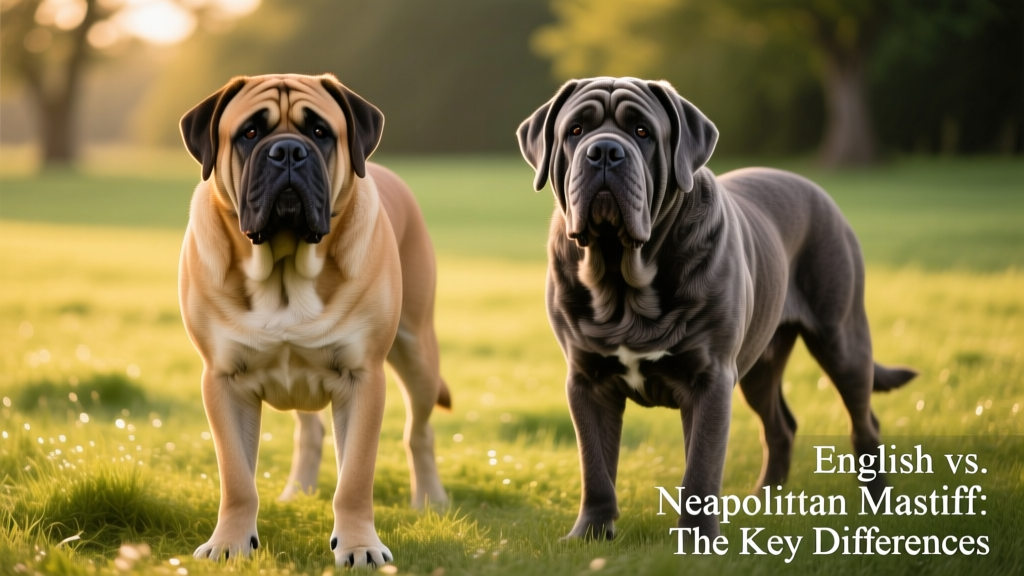 Side-by-side comparison of an English Mastiff and a Neapolitan Mastiff standing calmly on grass