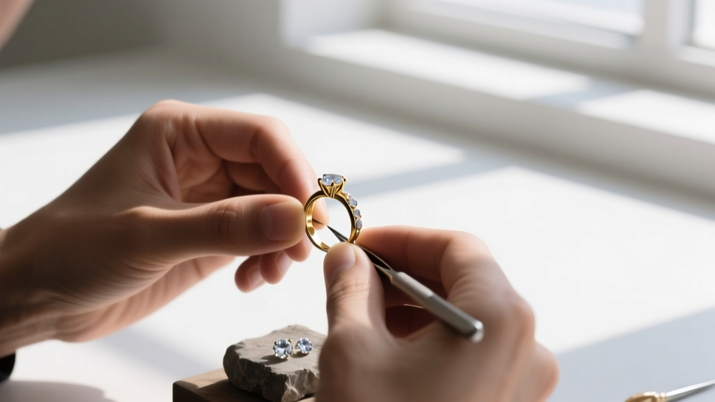Jeweler's hands using nylon jaw pliers to bend 20-gauge gold-filled wire around the inner hole of a pale green jade donut earring