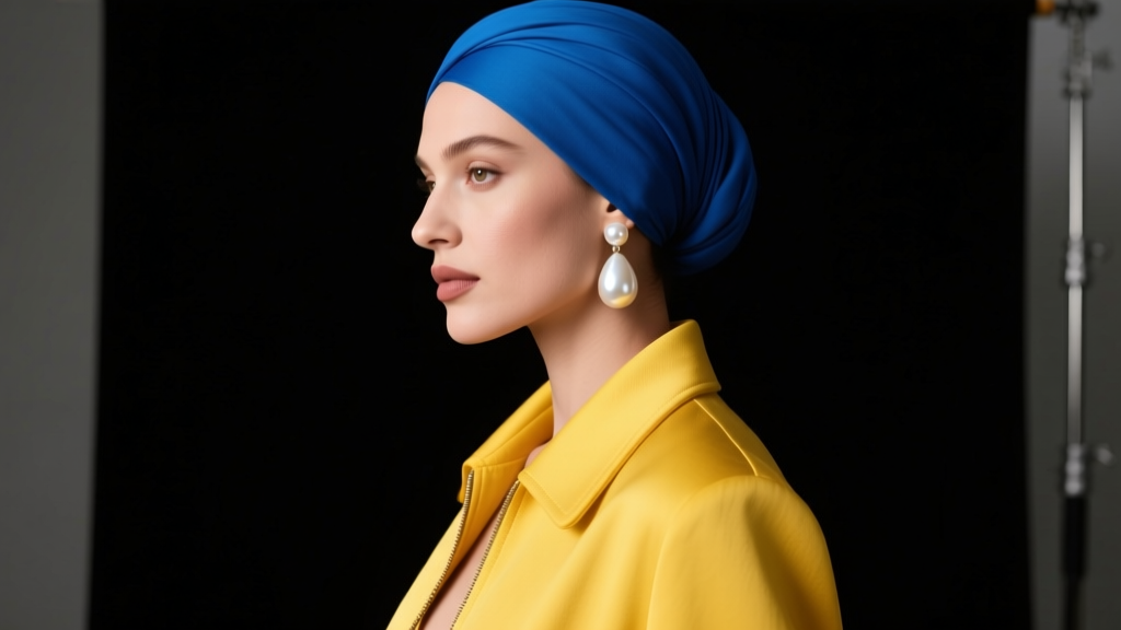 Modern woman in blue turban and yellow jacket wearing a large teardrop pearl earring, softly lit against a dark studio background
