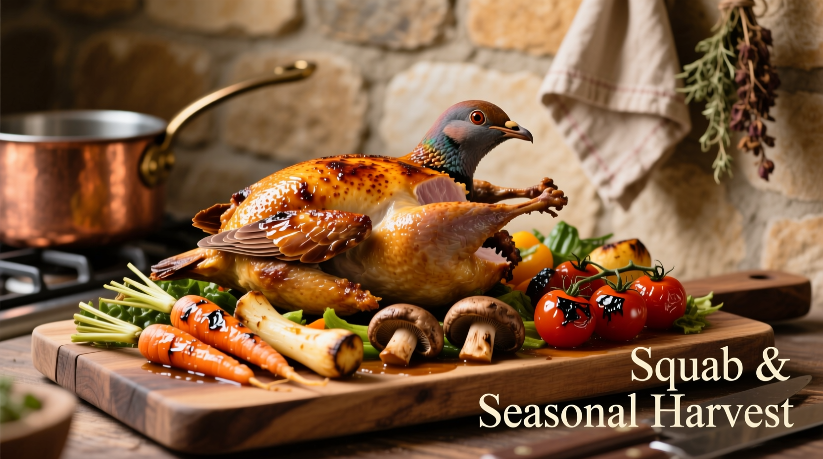 Whole roasted squab with seasonal vegetables