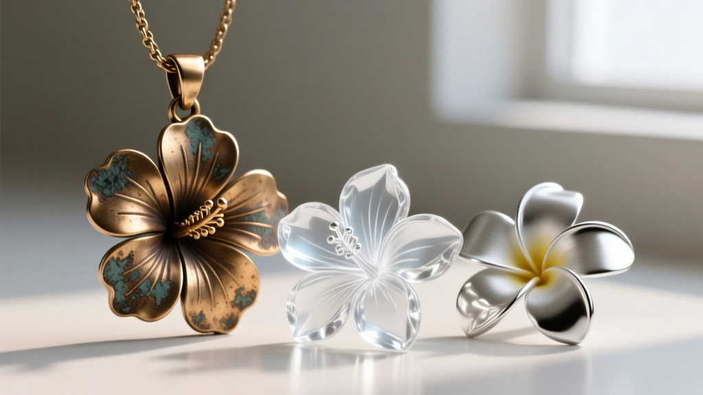 Macro photo comparing a tarnished brass hibiscus pendant with cold epoxy resin next to a pristine sterling silver plumeria flower