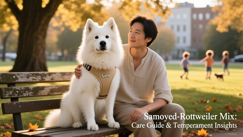 A Samoyed Rottweiler Mix sitting calmly beside its owner on a park bench, wearing a lightweight harness and looking attentive