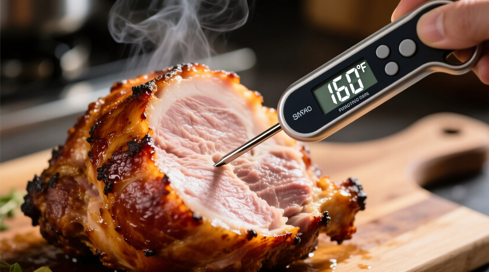 Thermometer checking ham internal temperature