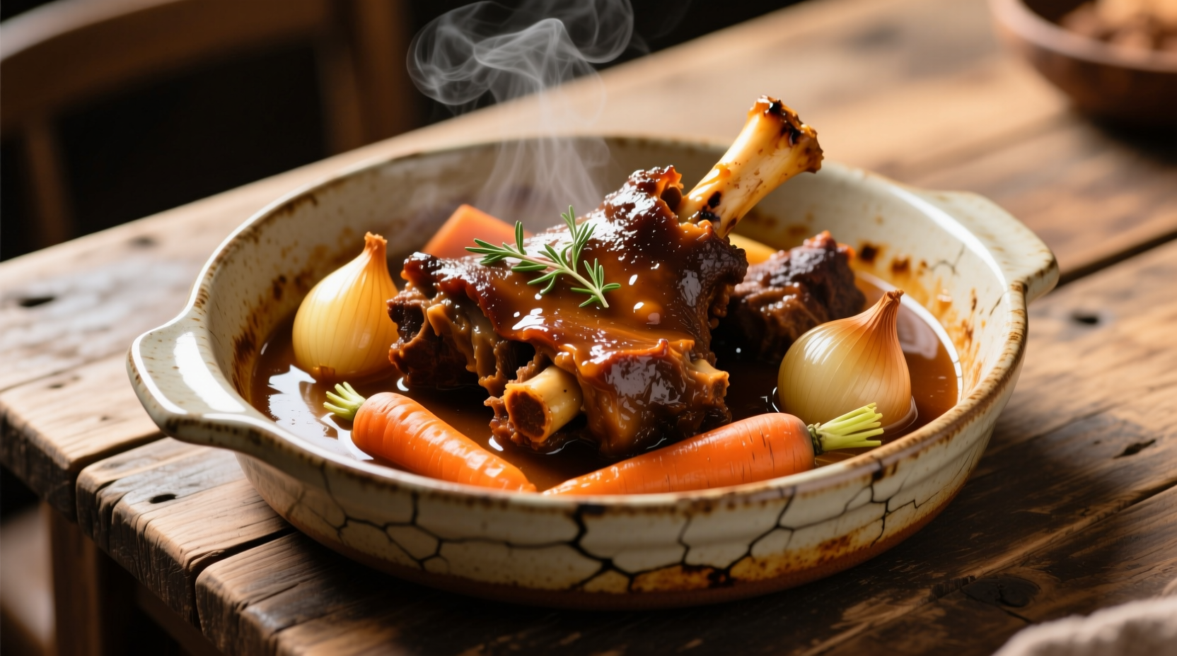 Braised oxtails with carrots and onions in ceramic dish