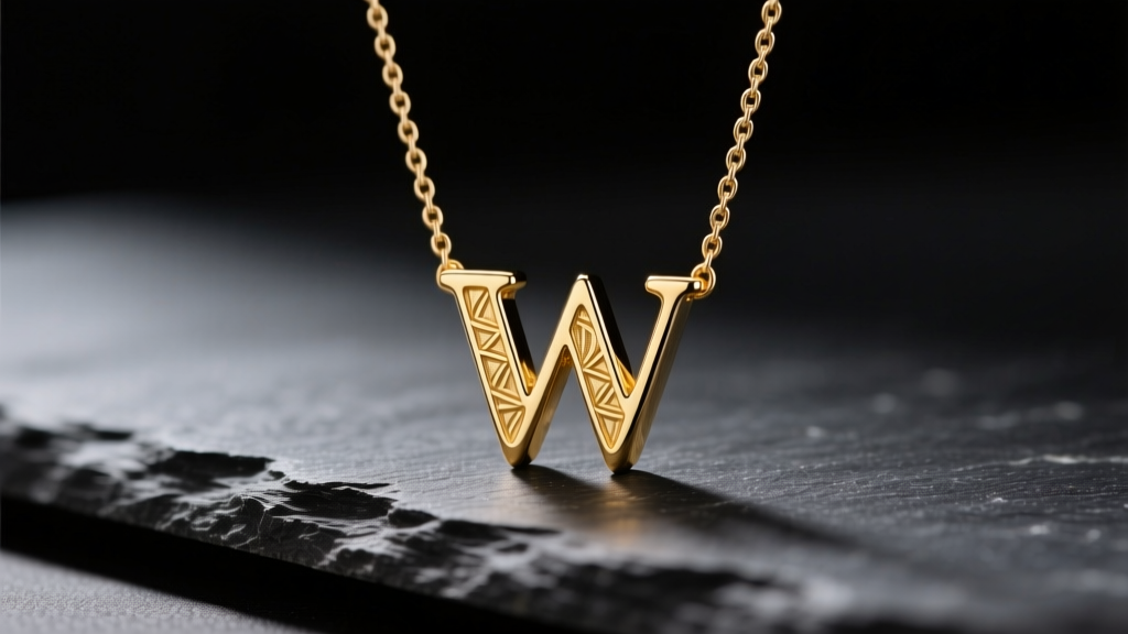 Macro shot of a 14k yellow gold W initial pendant on a fine cable chain, resting on dark slate with soft directional lighting.