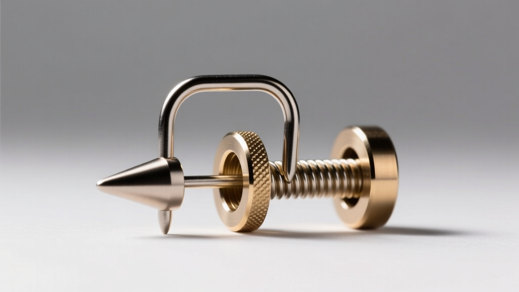 Exploded view of a threadless titanium push-pin earring showing the bent pin mechanism inserting into a hollow 16-gauge post