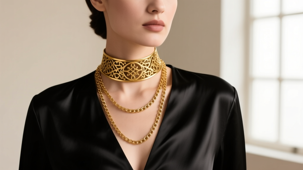 Portrait of a woman wearing a 14-inch gold choker and a 20-inch matinee necklace over a black silk blouse, showing chain textures.