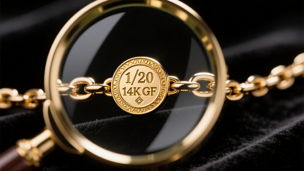 Magnifying glass inspecting a stamped 1/20 14K GF hallmark on a polished oro laminado chain link against dark velvet.