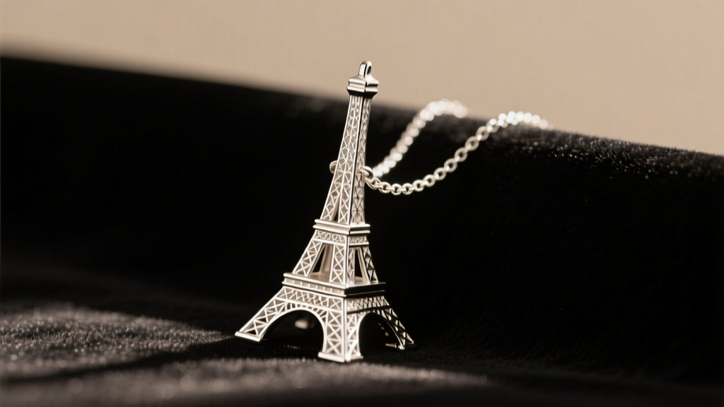 Silver Eiffel tower pendant on black velvet, warm light highlighting intricate lattice metalwork and a delicate silver cable chain