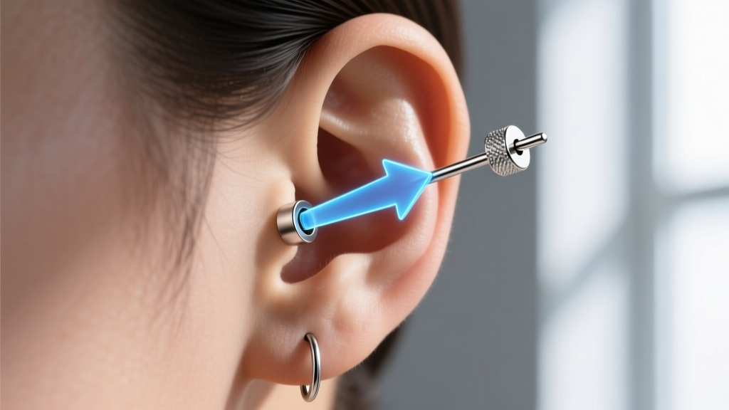 Side profile diagram showing the torque vector of a 45mm titanium dangle bar earring pulling on an 18-gauge earlobe piercing.
