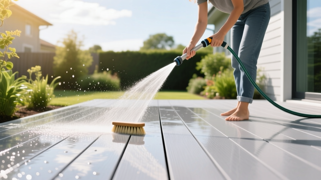 Homeowner gently washing a light-gray heat-reflective composite deck surface with a low-pressure garden hose and soft bristle brush on a sunny day